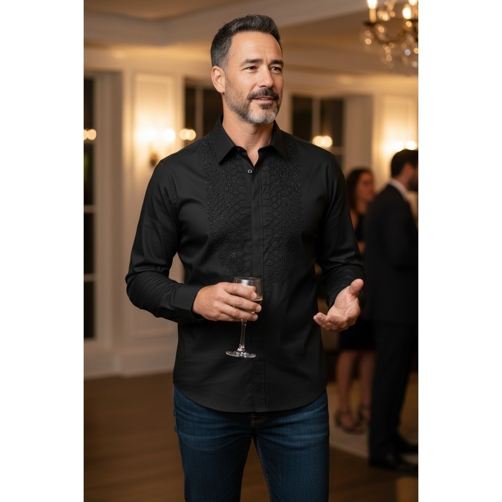 Just Cavalli Men's Black Crystal Embellished Long Sleeve Button Up Shirt Size 52